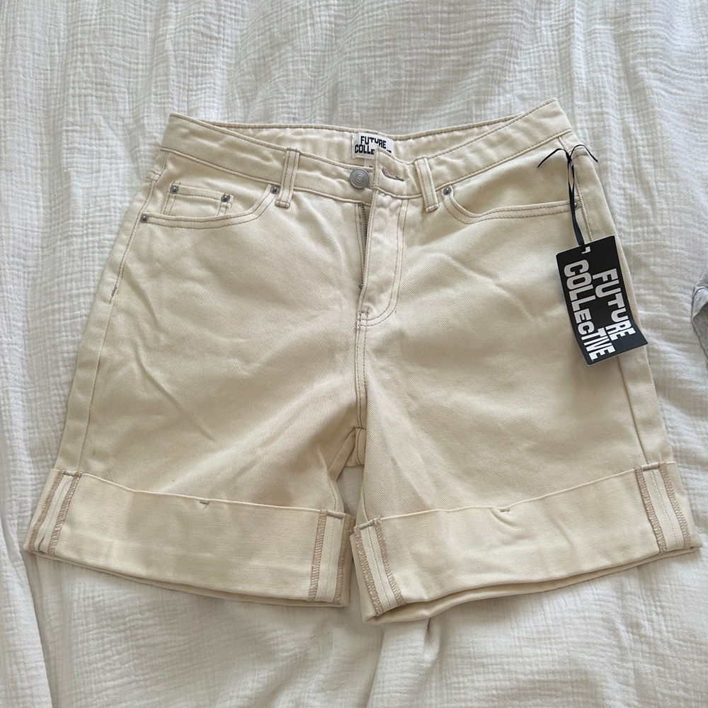 Future Collective Women's Cream Denim Cuffed Shorts